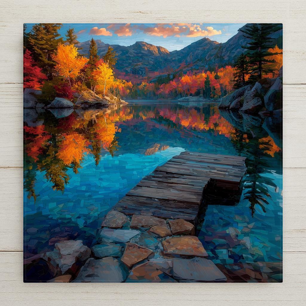 Stained glass style Adirondacks ceramic tile depicting a mirror-still mountain lake reflecting autumn foliage in gold and crimson, with a weathered wooden dock extending into the glassy water and blue peaks rising beyond the treeline, rendered in jewel-tone autumn golds, crimson, and deep Adirondack blue.