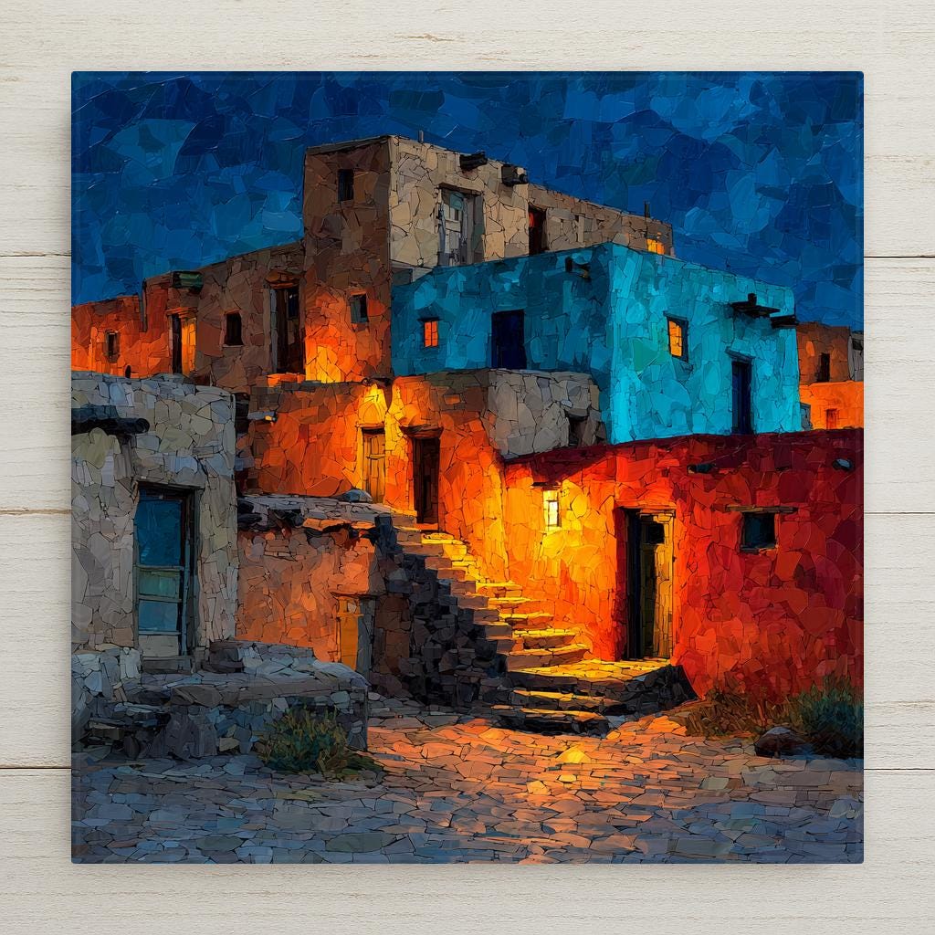Stained glass style Taos Pueblo night scene ceramic tile depicting ancient adobe terraces glowing with warm amber and orange lantern light against deep cobalt blue walls and a midnight blue sky, with mosaic stone cobblestones and a stone staircase rising through pools of golden light.