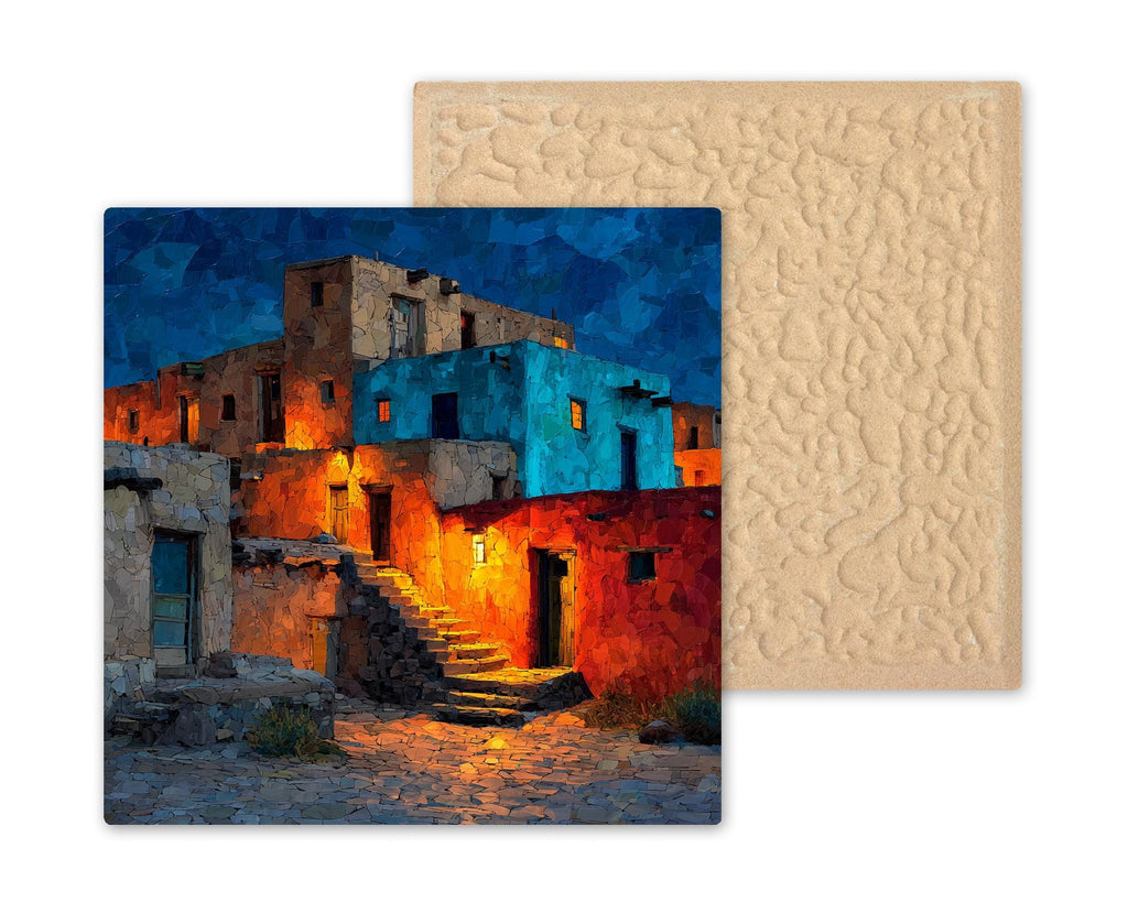 Taos Pueblo Night Wall Art Ceramic Tile Stained Glass Style New Mexico Gift Southwest Adobe Place Identity
