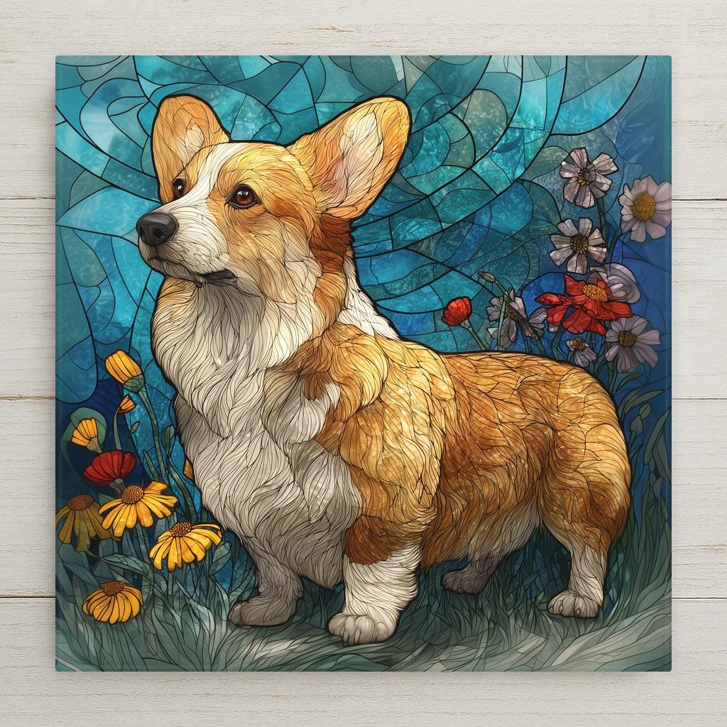 Stained glass style ceramic tile of a Pembroke Welsh Corgi in a meadow setting with wildflowers, rendered in soft jewel-tone golds, sage greens, and warm blush with luminous copper leaded lines against a cobalt blue sky.