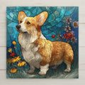 Stained glass style ceramic tile of a Pembroke Welsh Corgi in a meadow setting with wildflowers, rendered in soft jewel-tone golds, sage greens, and warm blush with luminous copper leaded lines against a cobalt blue sky.