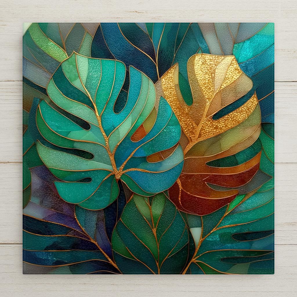 Stained glass style ceramic tile of multiple overlapping Monstera leaves in layered jewel-tone greens from pale lime to deep forest, with luminous copper and gold leaded lines, filling the frame edge to edge with lush tropical botanical depth.