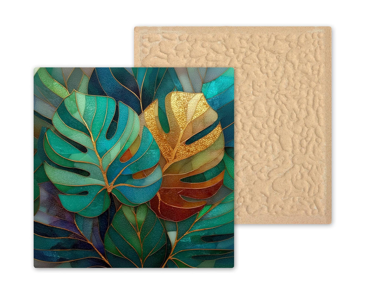 Monstera Leaf Wall Art Ceramic Tile Stained Glass Style Green Tropical Modern Home Botanical Decor Art