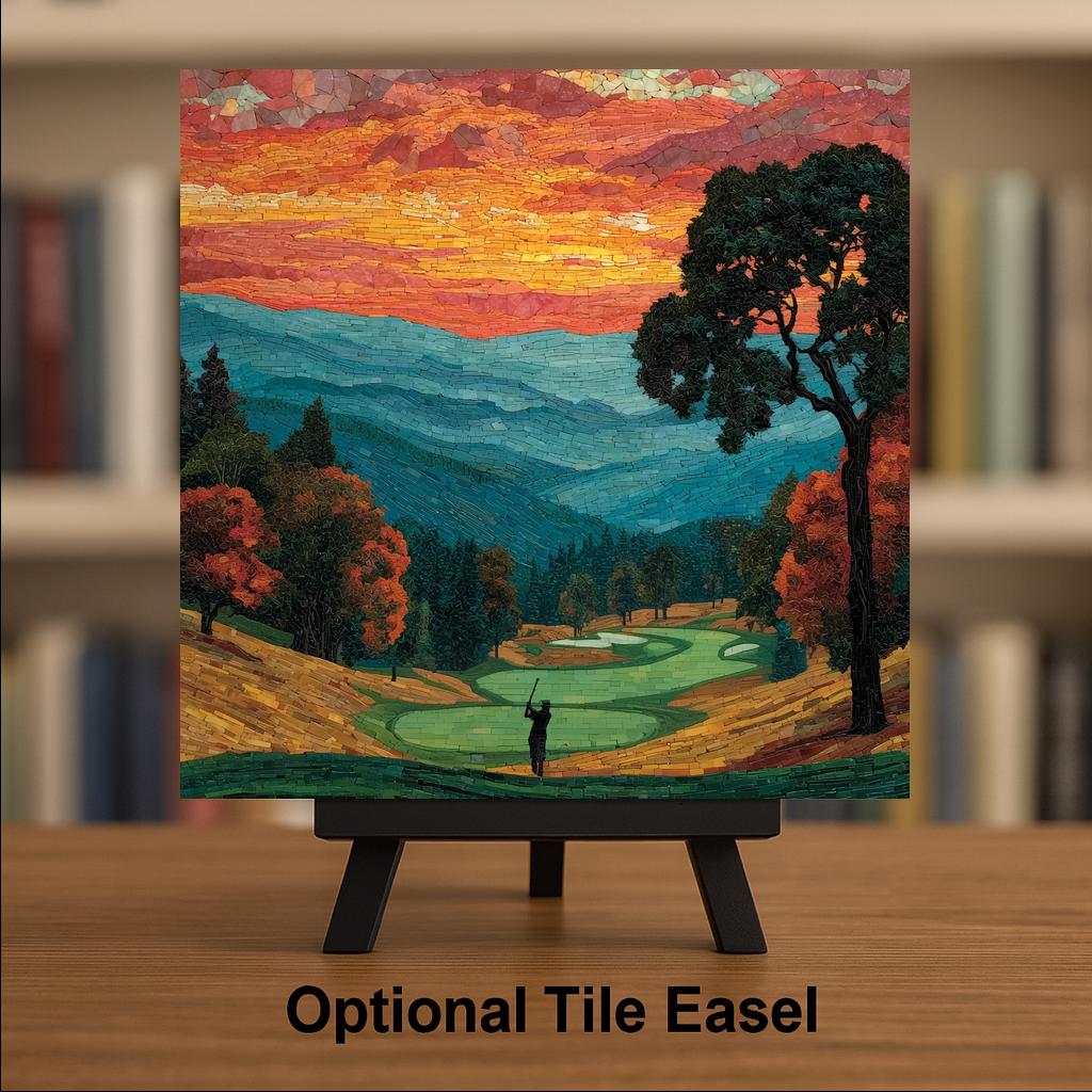 Golf Wall Art Ceramic Tile Stained Glass Style Retirement Gift Golfer Course Landscape Nature Decor Art