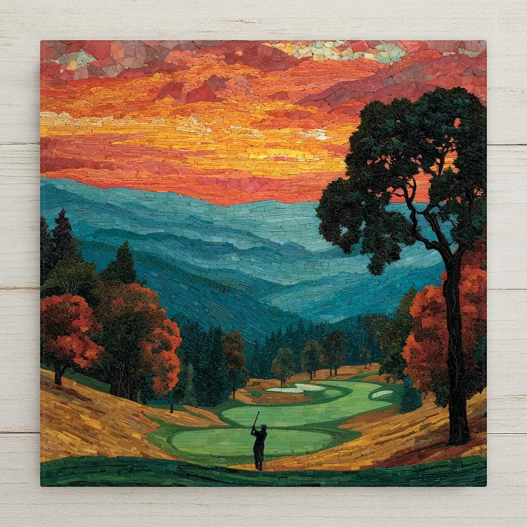 Stained glass style ceramic tile of a classic golf course landscape at dawn with morning mist rising from a dew-covered fairway, a stone bridge over a water hazard, and pine trees framing the scene, rendered in jewel-tone cool greens, misty blues, and soft gold morning light.