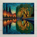 Stained glass style ceramic tile of a weeping willow tree with cascading branches touching a still pond at dusk, rendered in jewel-tone emerald and sage greens with silver-blue water reflections and a warm amber sky, all outlined in luminous gold leaded lines.