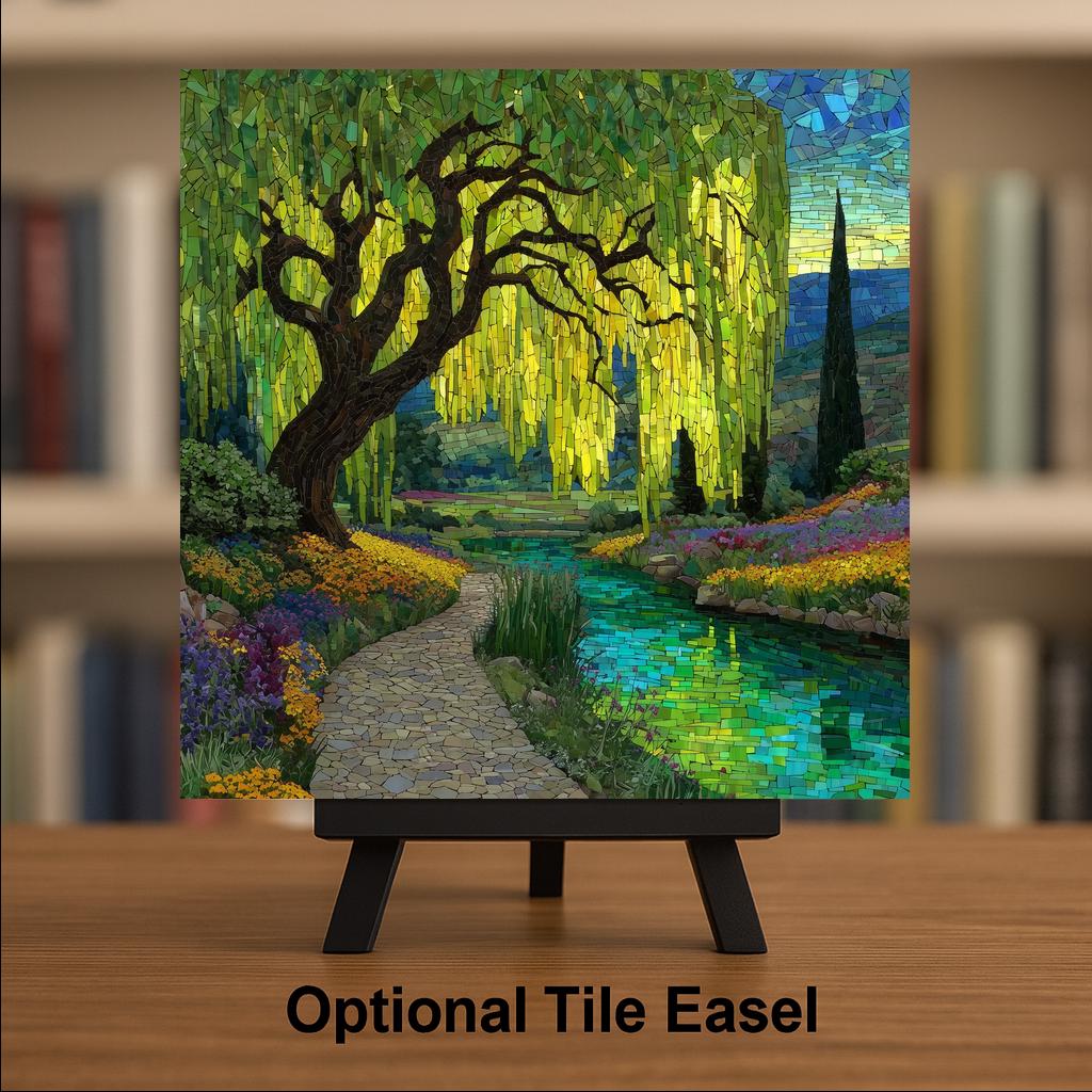 Weeping Willow Wall Art Ceramic Tile Stained Glass Style Nature Garden Landscape Peaceful Botanical DecorArt