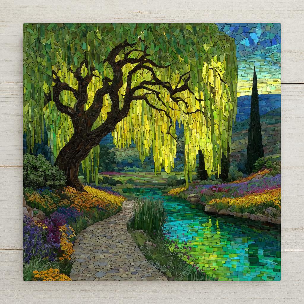 Stained glass style ceramic tile of a weeping willow in full spring leaf beside a garden path with wildflowers, rendered in layered jewel-tone chartreuse, lime, and emerald greens with luminous copper leaded lines and a bright cobalt sky.