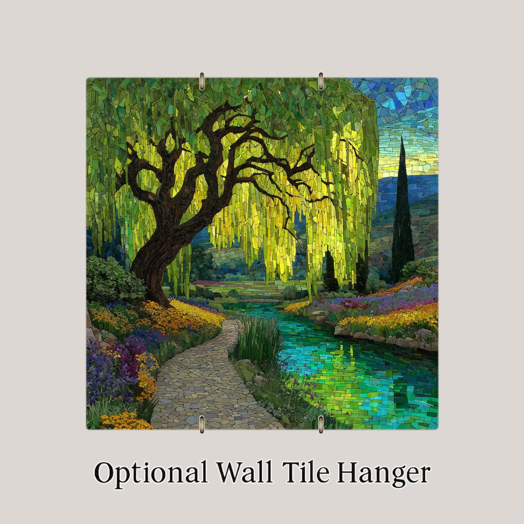 Weeping Willow Wall Art Ceramic Tile Stained Glass Style Nature Garden Landscape Peaceful Botanical DecorArt
