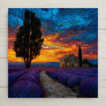 Stained glass style ceramic tile of endless lavender rows stretching to the horizon in the Provence countryside, with a stone farmhouse in the distance and a dramatic golden sunset sky, rendered in jewel-tone deep purples, soft violets, and warm amber gold.
