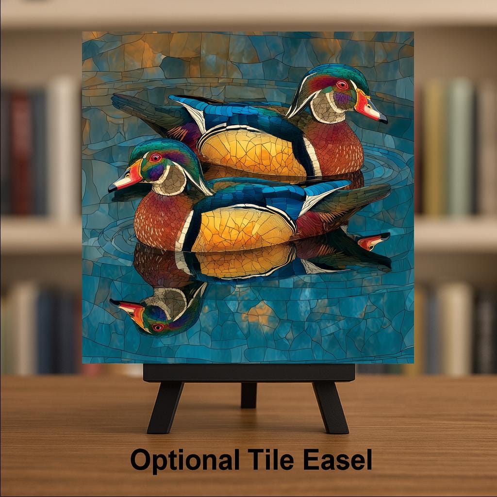 Wood Duck Wall Art Ceramic Tile Stained Glass Style Duck Pair Birdwatcher Memorial Gift Wildlife Decor