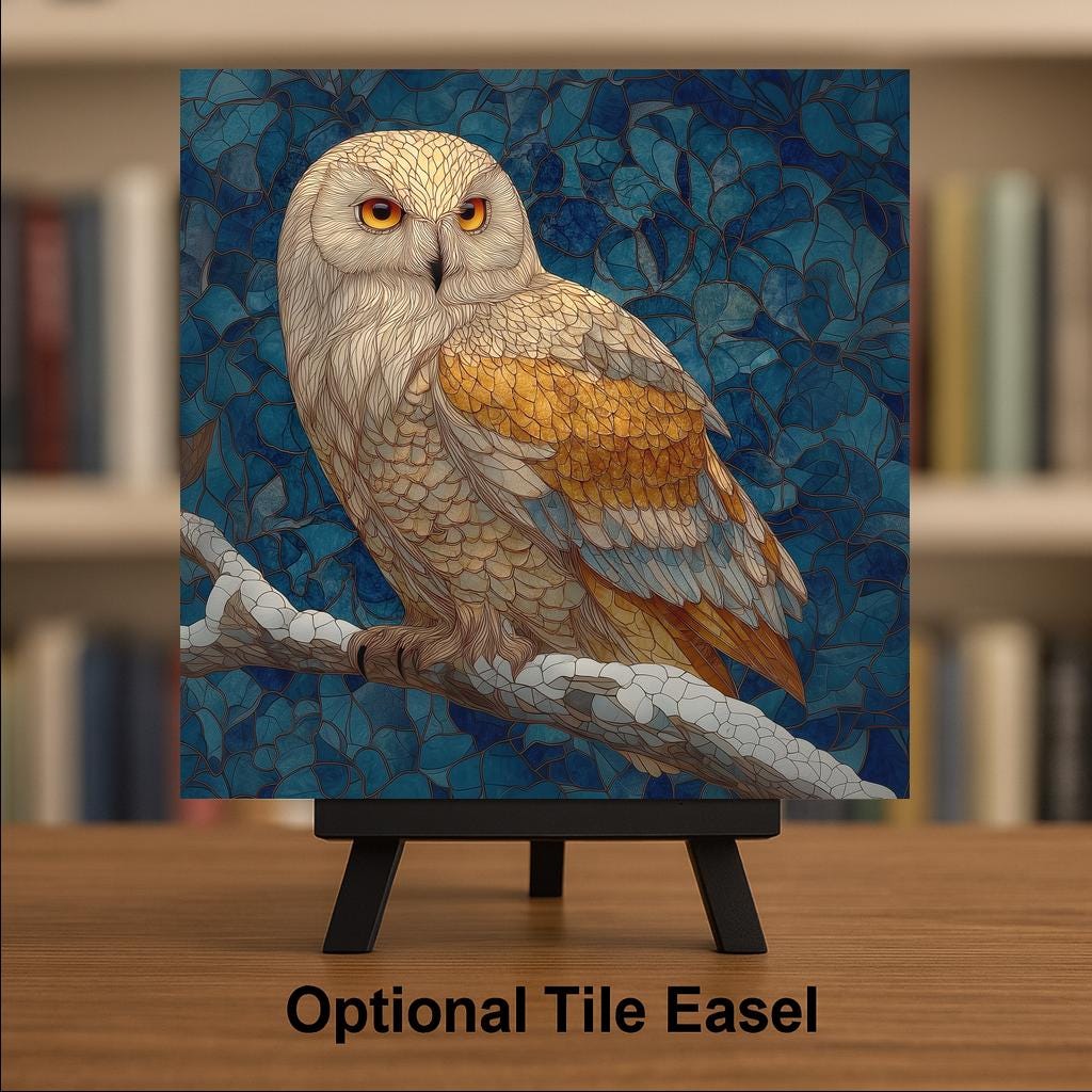 Snowy Owl Wall Art Ceramic Tile Stained Glass Style Owl Gift Portrait Wildlife Nature Decor Bird Lover Art