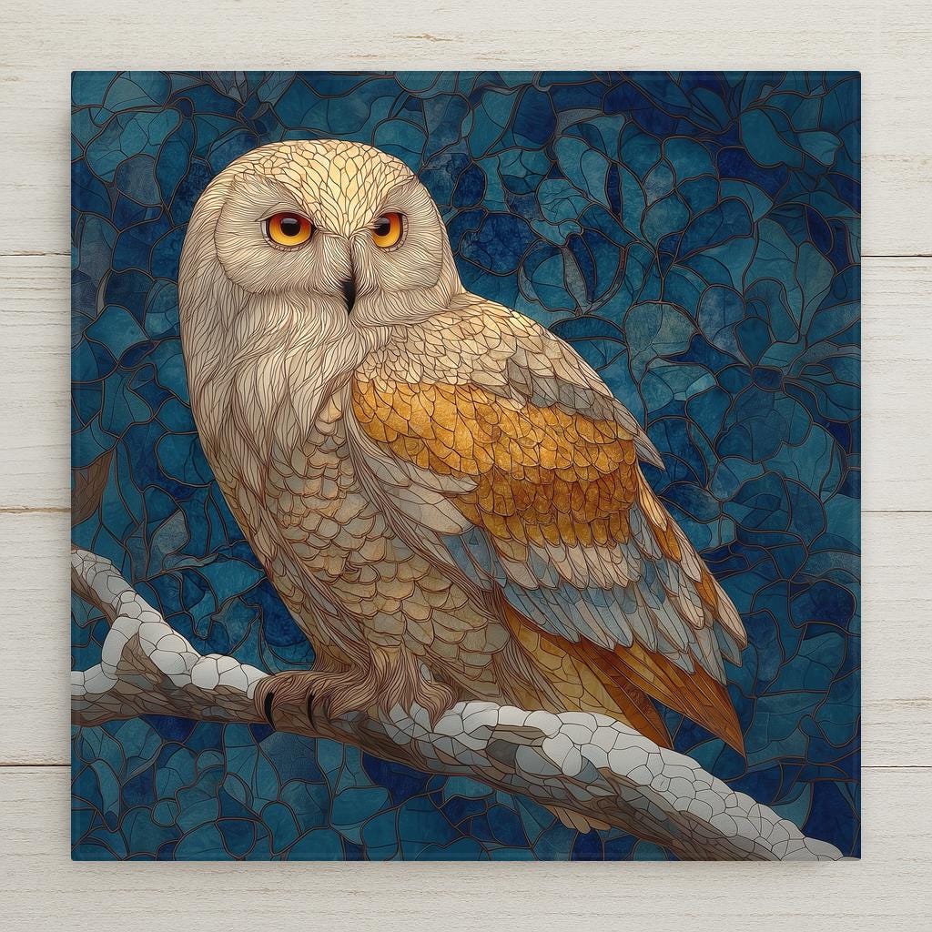 Stained glass style ceramic tile of a Snowy Owl perched on a snow-covered branch in a winter forest, yellow eyes meeting the viewer directly, rendered in jewel-tone whites, creams, and golden yellow with luminous copper leaded lines and a deep blue-grey winter sky.