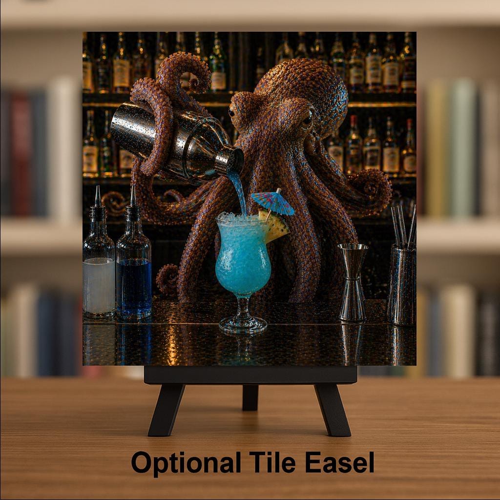 Octopus Bartender Ceramic Tile Wall Art Funny Home Bar Decor Cocktail Speakeasy Tiki Quirky Kitchen Art