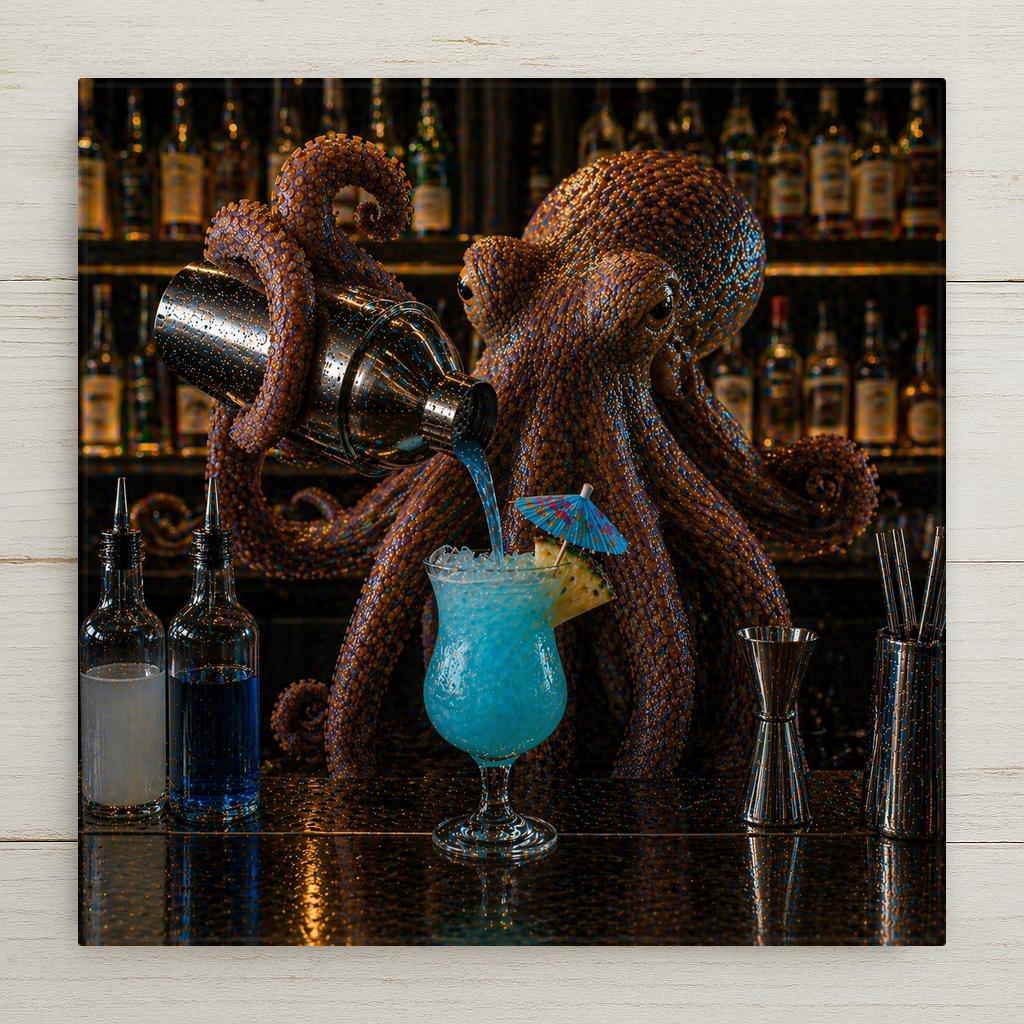 Funny octopus bartender ceramic tile wall art showing a photorealistic octopus pouring a blue tropical cocktail from a shaker behind a dark bar with backlit bottles, speakeasy home bar decor