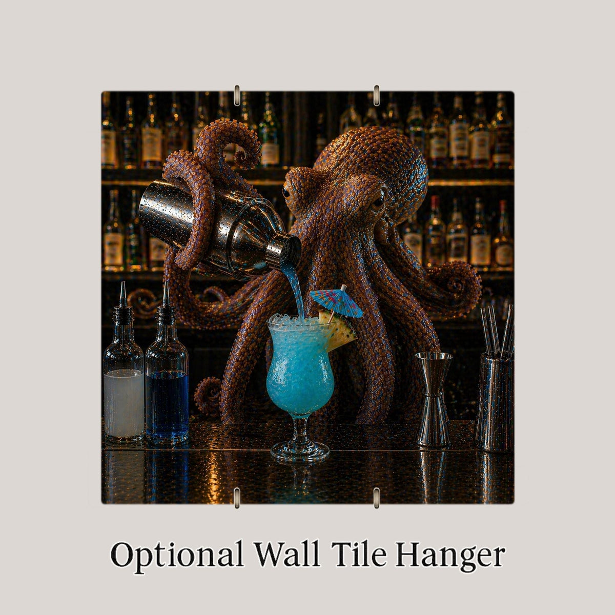 Octopus Bartender Ceramic Tile Wall Art Funny Home Bar Decor Cocktail Speakeasy Tiki Quirky Kitchen Art