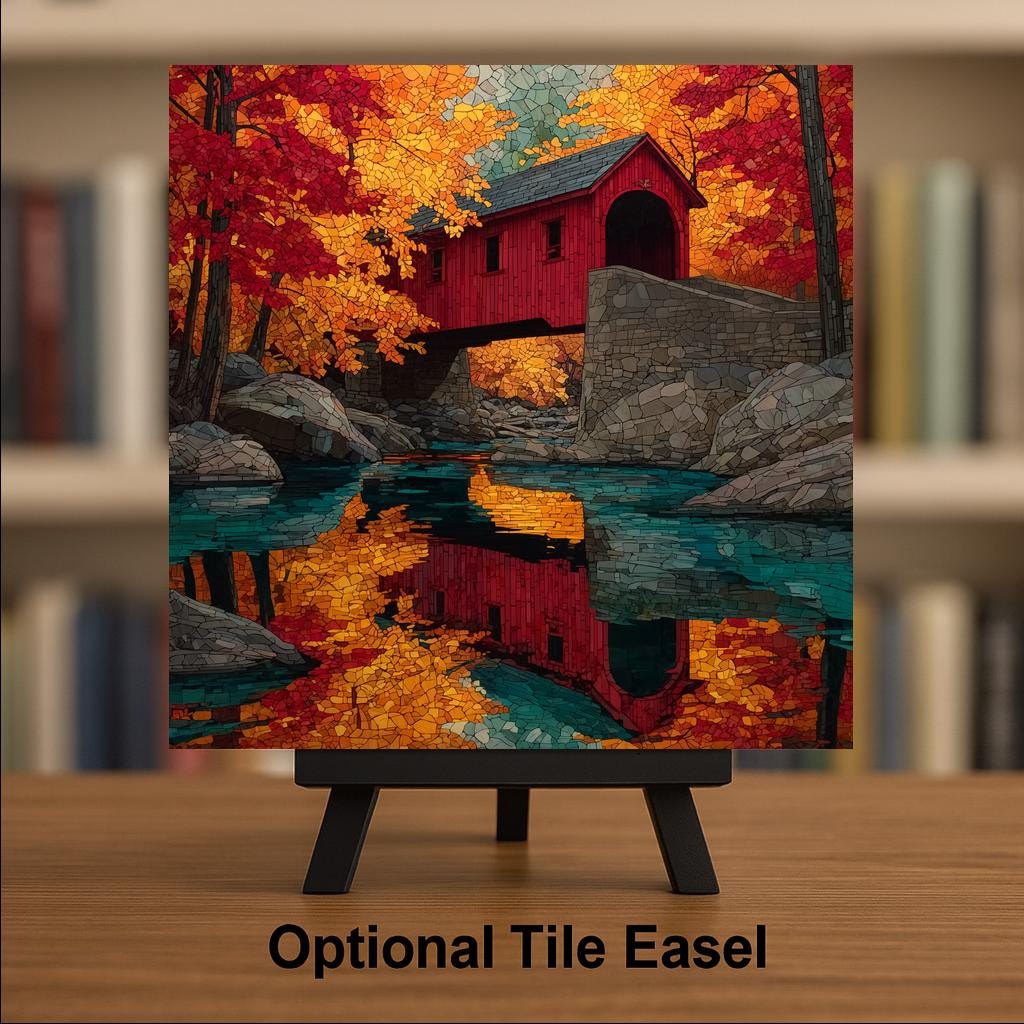 Covered Bridge Wall Art Ceramic Tile Stained Glass Style New England Americana Gift Vermont Decor Nature