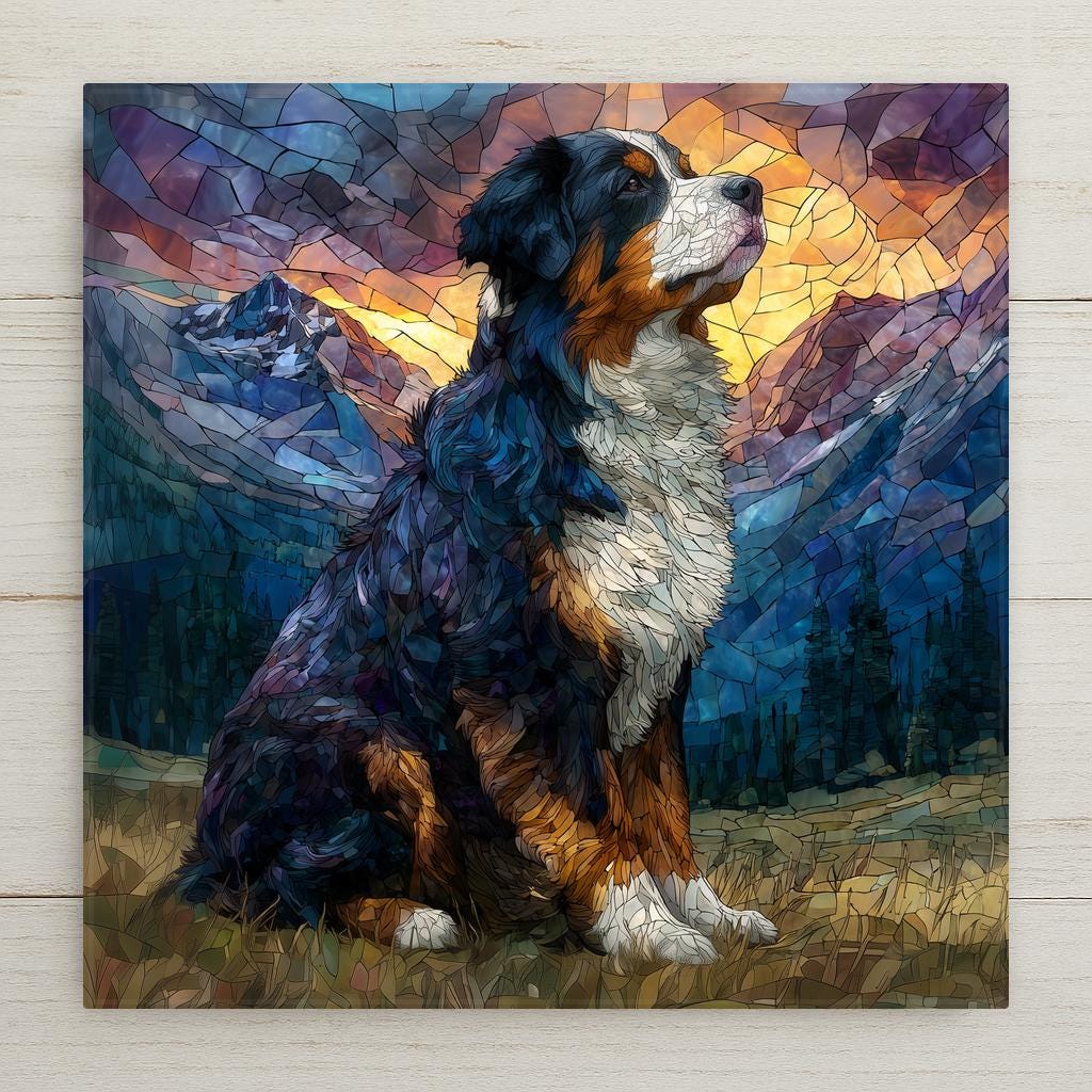 Stained glass style ceramic tile of a Bernese Mountain Dog with its distinctive tri-color coat of black, rust, and white sitting in an alpine meadow with mountain peaks behind, rendered in rich jewel-tone blacks, warm rust, and bright white with luminous gold leaded lines.
