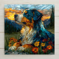 Stained glass style ceramic tile of a Bernese Mountain Dog with its distinctive tri-color coat of black, rust, and white sitting in an alpine meadow with mountain peaks behind, rendered in rich jewel-tone blacks, warm rust, and bright white with luminous gold leaded lines.
