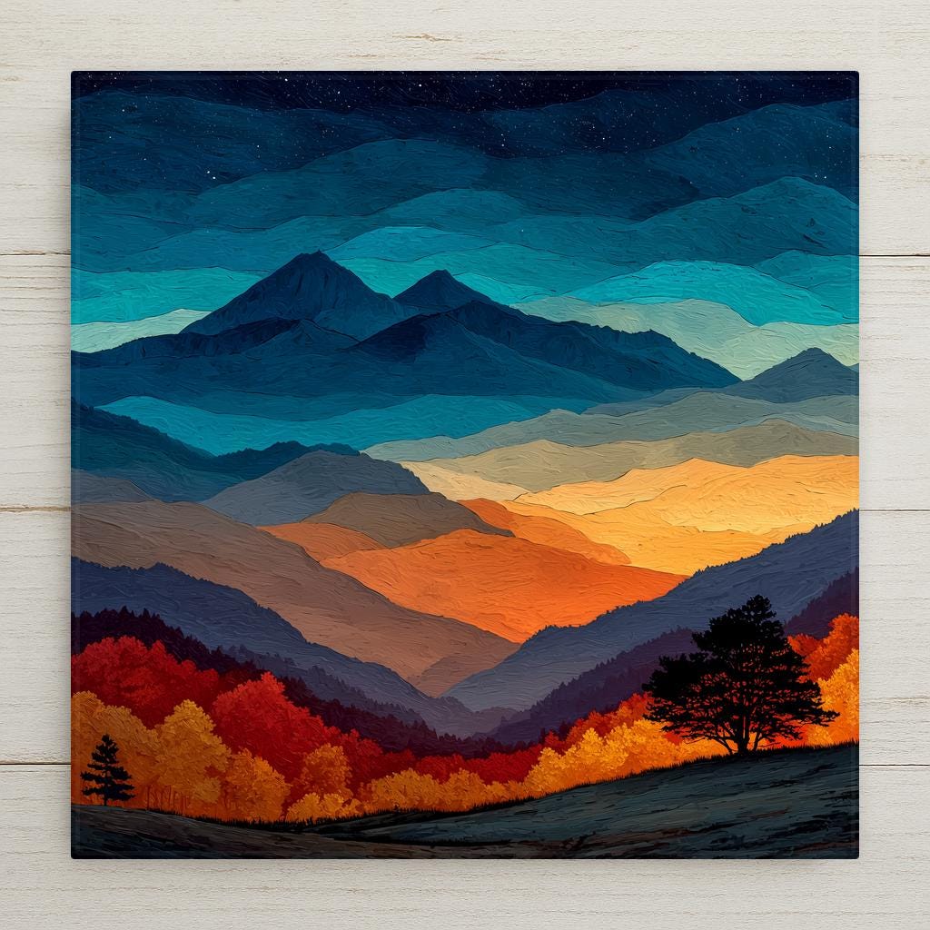 Great Smoky Mountains ceramic tile wall art showing misty blue ridges layered to the horizon at golden sunrise with autumn foliage in orange and red
