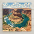 Horseshoe Bend Arizona ceramic tile wall art showing aerial view of Colorado River curving in perfect horseshoe shape through towering red sandstone canyon walls under deep blue sky