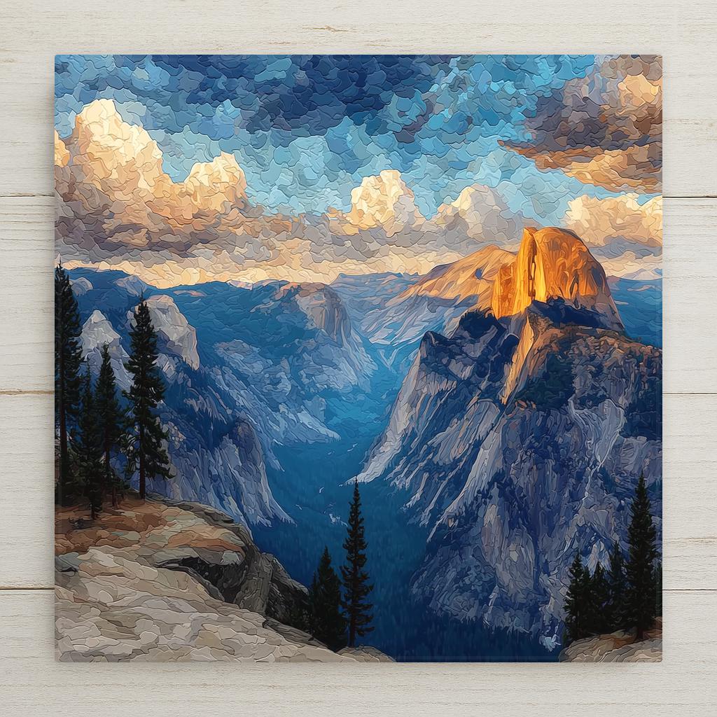 Glacier Point Yosemite ceramic tile wall art showing Half Dome rising dramatically across the valley with Yosemite Falls visible in the distance, granite cliffs and pine forest below in warm golden hour light