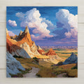 Badlands National Park South Dakota ceramic tile wall art showing otherworldly eroded buttes and spires at sunset with lavender and orange sky, striped rock formations in yellow ochre and grey above prairie