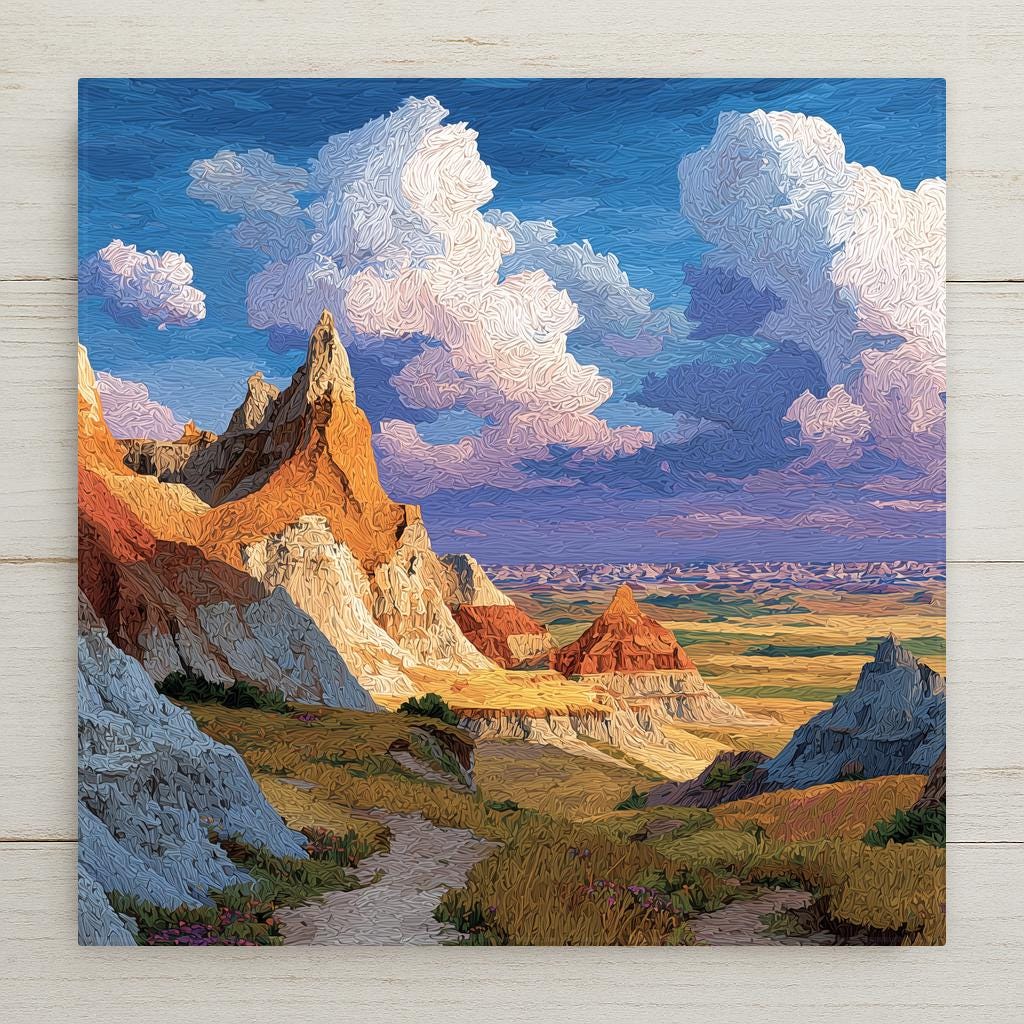 Badlands National Park South Dakota ceramic tile wall art showing otherworldly eroded buttes and spires at sunset with lavender and orange sky, striped rock formations in yellow ochre and grey above prairie