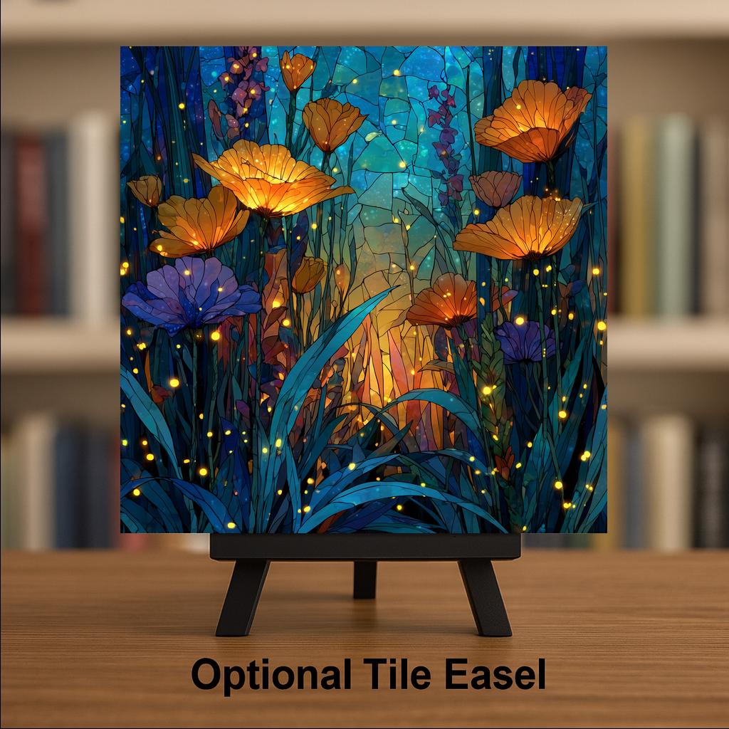 Poppy Garden Wall Art Ceramic Tile Stained Glass Style Floral Gift Firefly Nature Art Botanical Decor Garden Lover Gift