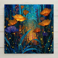 Poppy garden ceramic tile wall art in stained glass style showing glowing orange and gold poppies with purple accent flowers against deep teal blue background with golden firefly lights