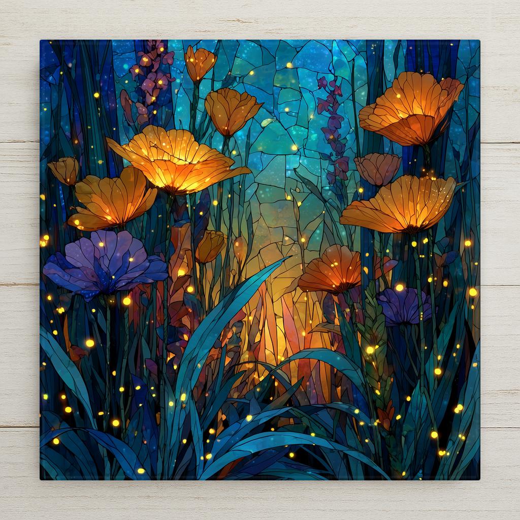 Poppy garden ceramic tile wall art in stained glass style showing glowing orange and gold poppies with purple accent flowers against deep teal blue background with golden firefly lights