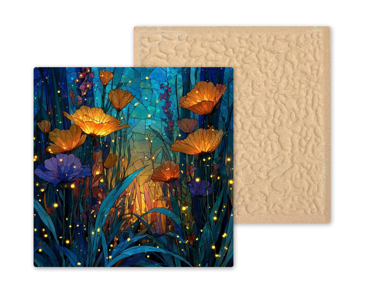 Poppy Garden Wall Art Ceramic Tile Stained Glass Style Floral Gift Firefly Nature Art Botanical Decor Garden Lover Gift