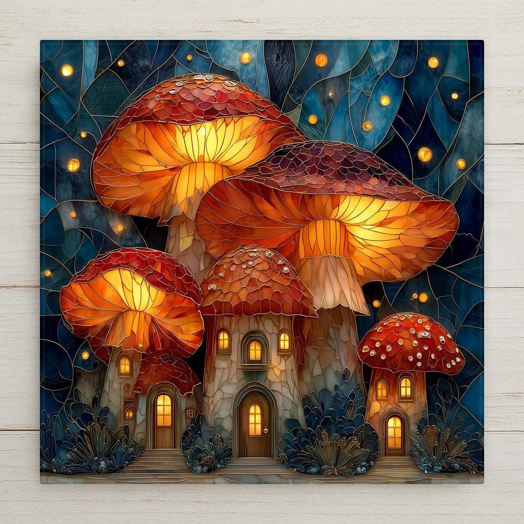 Mushroom village ceramic tile wall art in stained glass style showing glowing fairy tale mushroom houses with warm lit windows in red and amber tones against deep blue mosaic background with golden light orbs