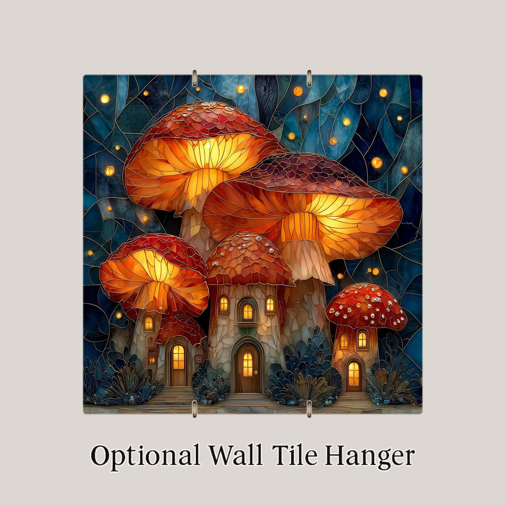 Mushroom Village Wall Art Ceramic Tile Stained Glass Style Fantasy Gift Fairy House Decor Woodland Nature Art Cottage Gift