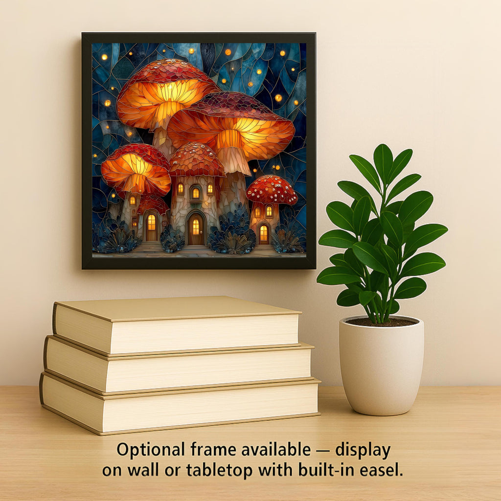 Mushroom Village Wall Art Ceramic Tile Stained Glass Style Fantasy Gift Fairy House Decor Woodland Nature Art Cottage Gift
