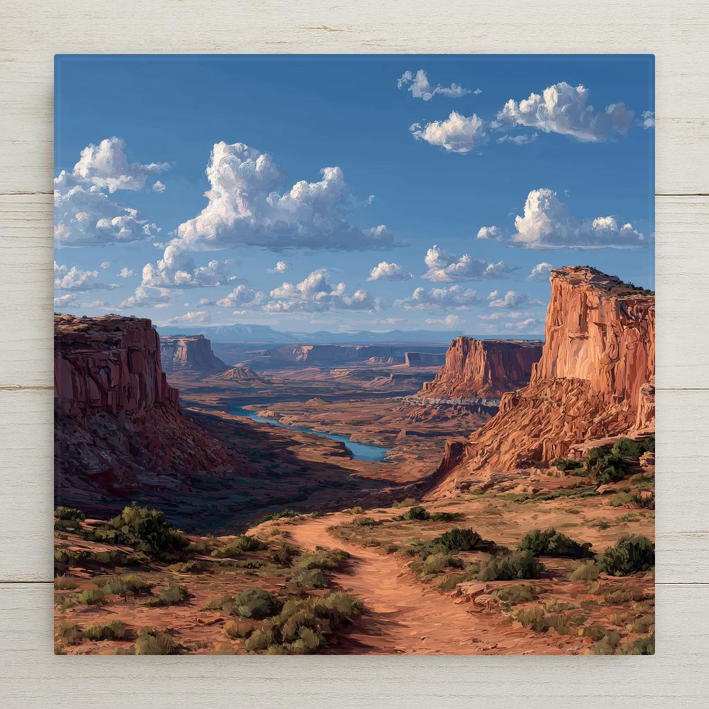 Canyonlands National Park Utah ceramic tile wall art showing vast canyon labyrinth from Island in the Sky with Colorado and Green Rivers far below, deep red sandstone mesas stretching to the horizon at golden hour