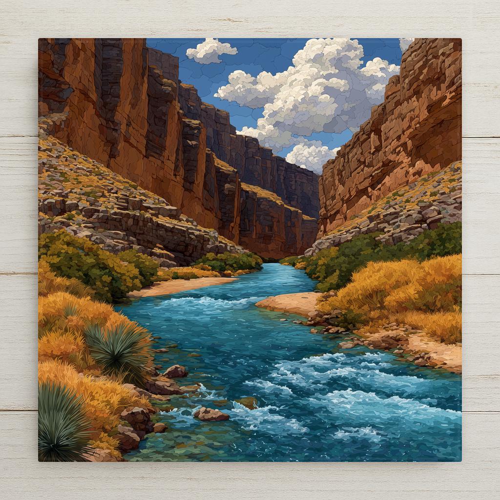 Big Bend National Park Texas ceramic tile wall art showing Rio Grande cutting through Santa Elena Canyon with massive limestone walls rising and desert scrub plants in the foreground