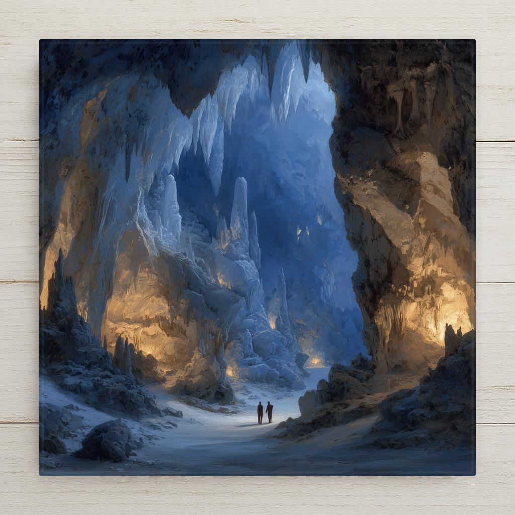 Carlsbad Caverns New Mexico ceramic tile wall art showing the Big Room underground cathedral with towering stalactites and stalagmites illuminated in amber and blue light with silhouetted figures showing scale