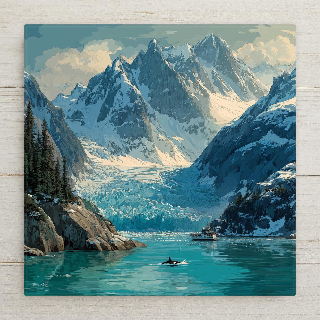 Kenai Fjords Alaska ceramic tile wall art showing Exit Glacier calving into turquoise fjord with dramatic blue ice walls, snow-capped peaks behind, and an orca whale in the foreground waters