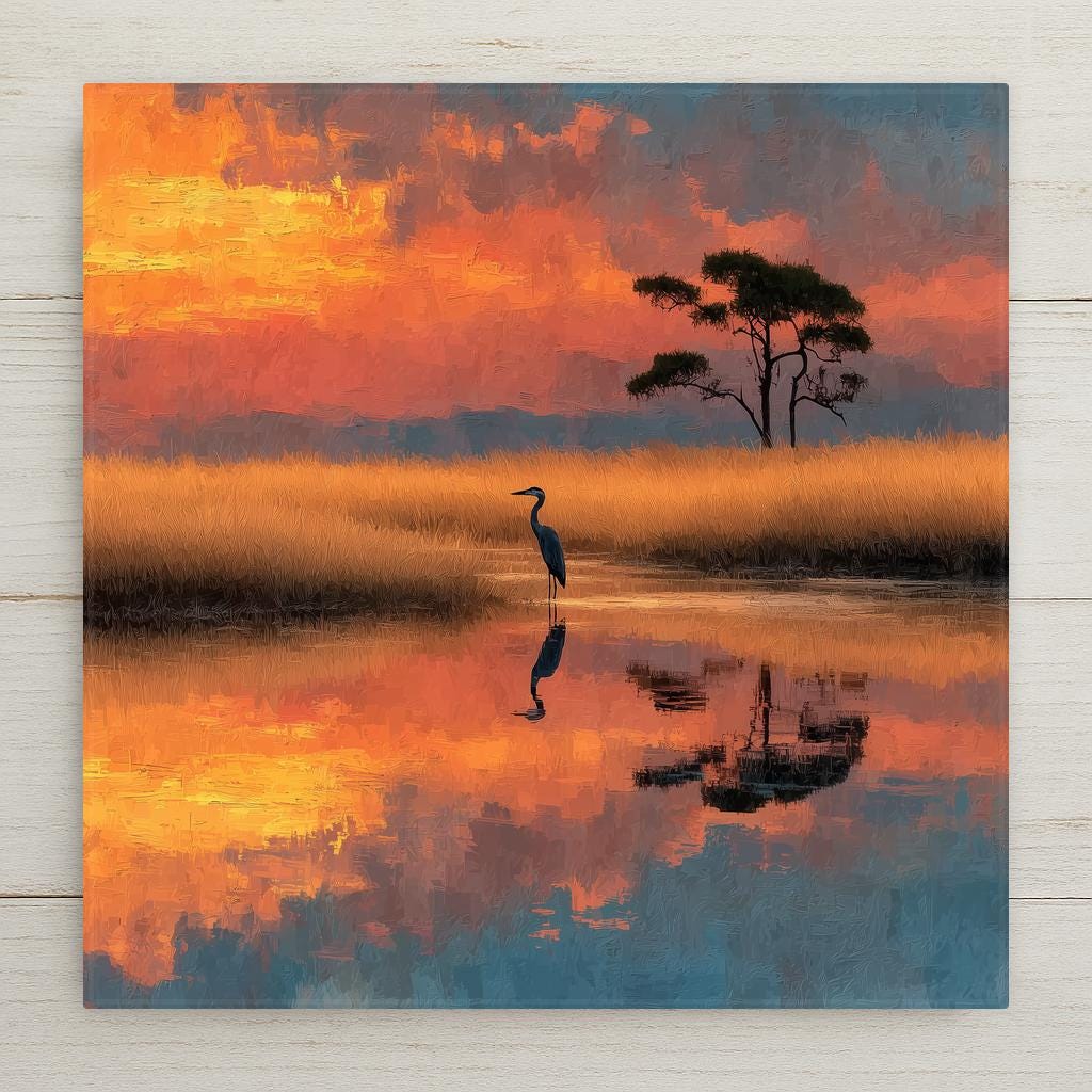 Everglades National Park Florida ceramic tile wall art showing sawgrass prairie at golden hour with great blue heron standing in still water, orange and pink sky reflected in calm water with cypress trees silhouetted