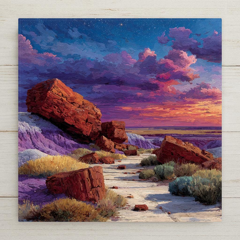 Petrified Forest National Park Arizona ceramic tile wall art showing ancient crystallized logs scattered across vivid Painted Desert with banded rock formations in purple, red and yellow under dramatic sunset sky