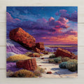 Petrified Forest National Park Arizona ceramic tile wall art showing ancient crystallized logs scattered across vivid Painted Desert with banded rock formations in purple, red and yellow under dramatic sunset sky
