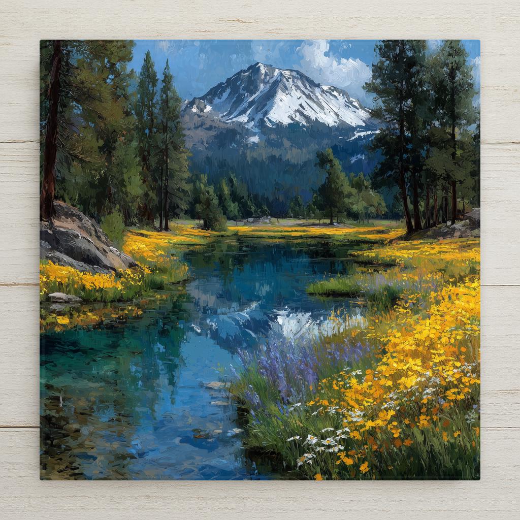 Lassen Volcanic National Park California ceramic tile wall art showing snow-capped Lassen Peak reflected in Manzanita Lake with pine forest and wildflower meadow in the foreground