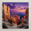 Bryce Canyon Utah ceramic tile wall art showing hoodoo formations silhouetted against dramatic purple and orange dusk sky with stars emerging above the canyon rim