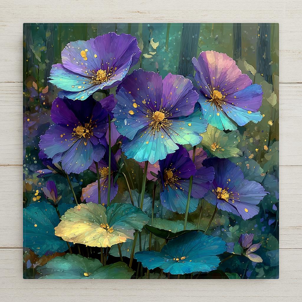 Violet state flower ceramic tile wall art showing clusters of delicate purple violet flowers with heart-shaped leaves in spring woodland setting in botanical illustration style