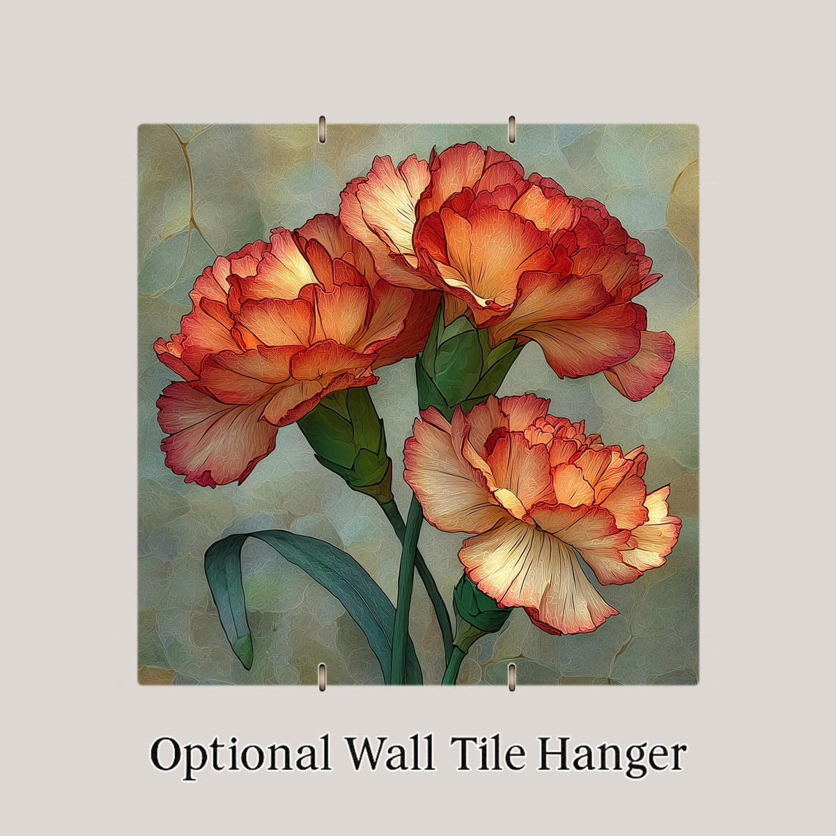 Carnation Ceramic Tile Wall Art Stained Glass Style January Birth Flower Pink Ruffled Blooms Botanical Decor