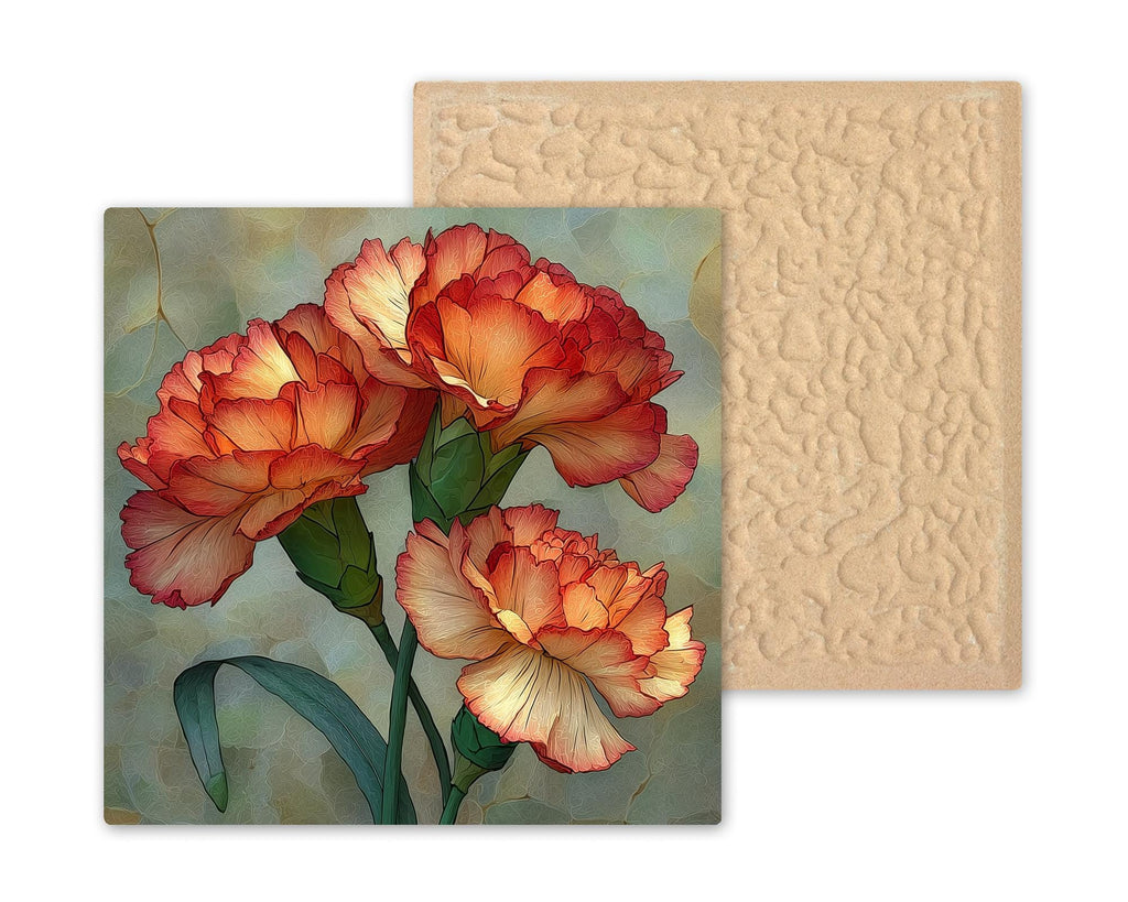 Carnation Ceramic Tile Wall Art Stained Glass Style January Birth Flower Pink Ruffled Blooms Botanical Decor