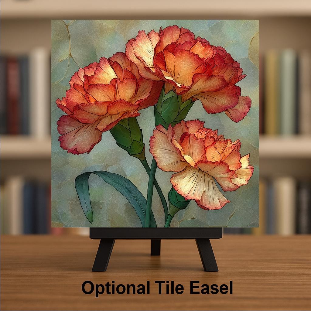 Carnation Ceramic Tile Wall Art Stained Glass Style January Birth Flower Pink Ruffled Blooms Botanical Decor