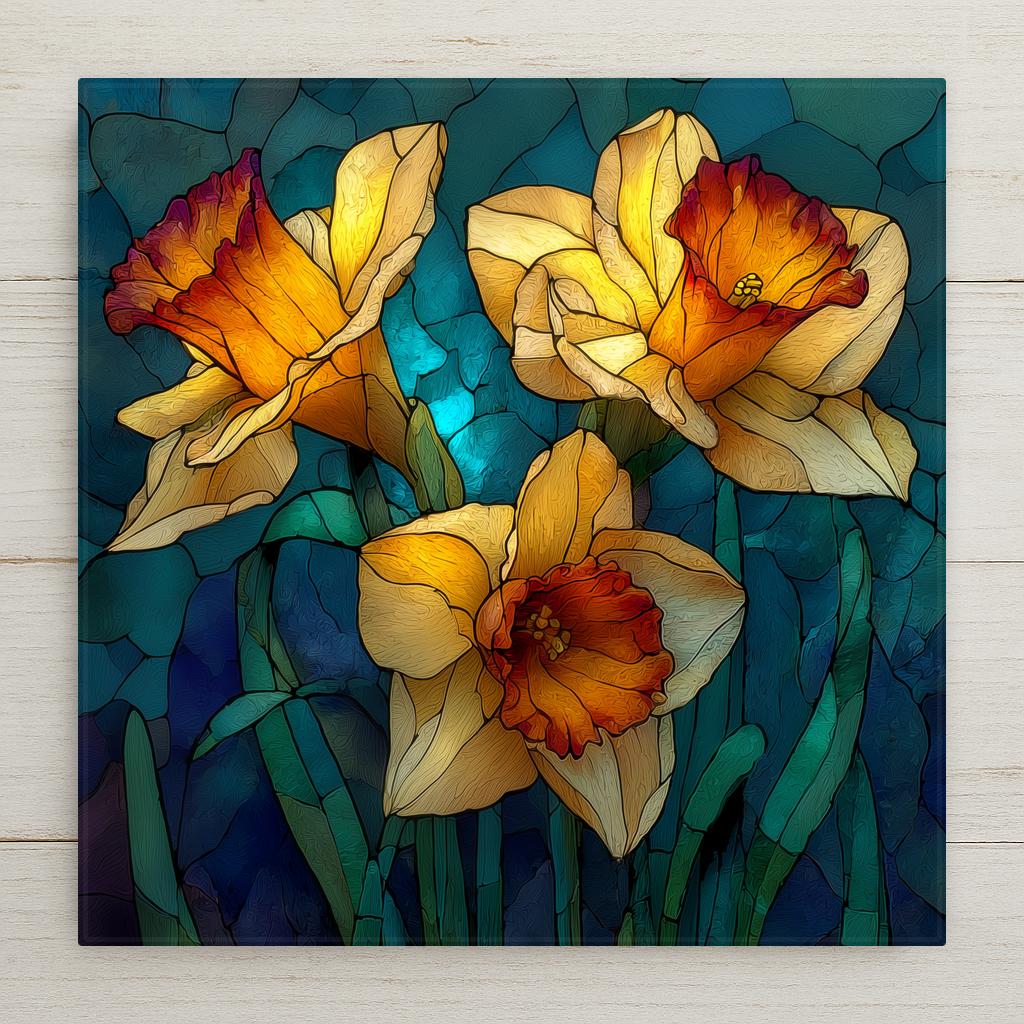 Daffodil ceramic tile wall art in stained glass style showing trumpet-shaped daffodil blooms with jewel tones of gold and cream with luminous lead line segmentation against spring green