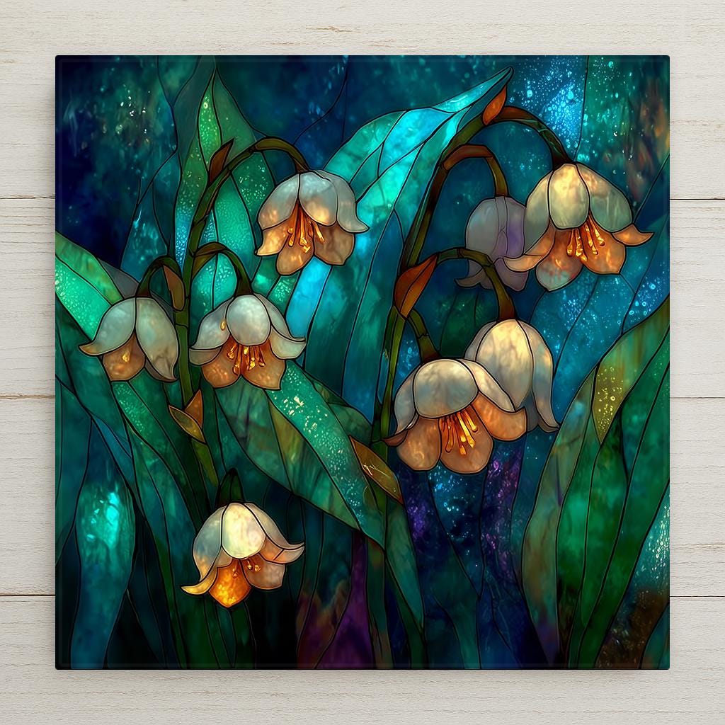 Lily of the valley ceramic tile wall art in stained glass style showing delicate white bell-shaped flowers on arching stems with deep emerald leaves in jewel tones